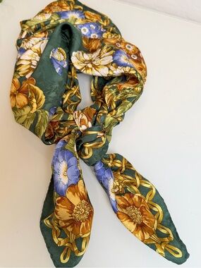 Vintage ELF Silk Floral Scarf Green Gold & Purple Chain Motif Wrap Neck Head